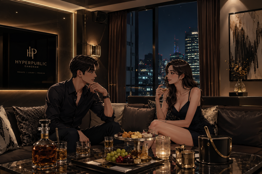 강남 프라이빗 라운지 룸에서 편안하게 대화를 나누는 분위기 이미지
