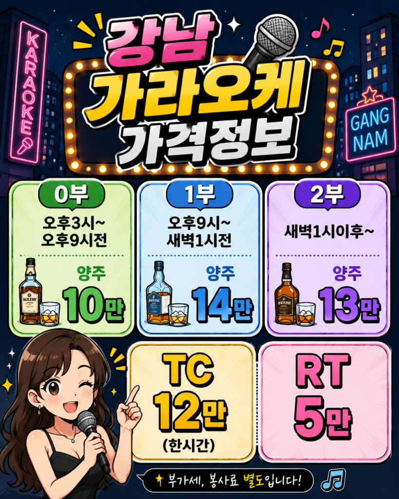 강남 가라오케 가격 안내 0부 1부 2부 양주 가격 및 TC RT 정보
